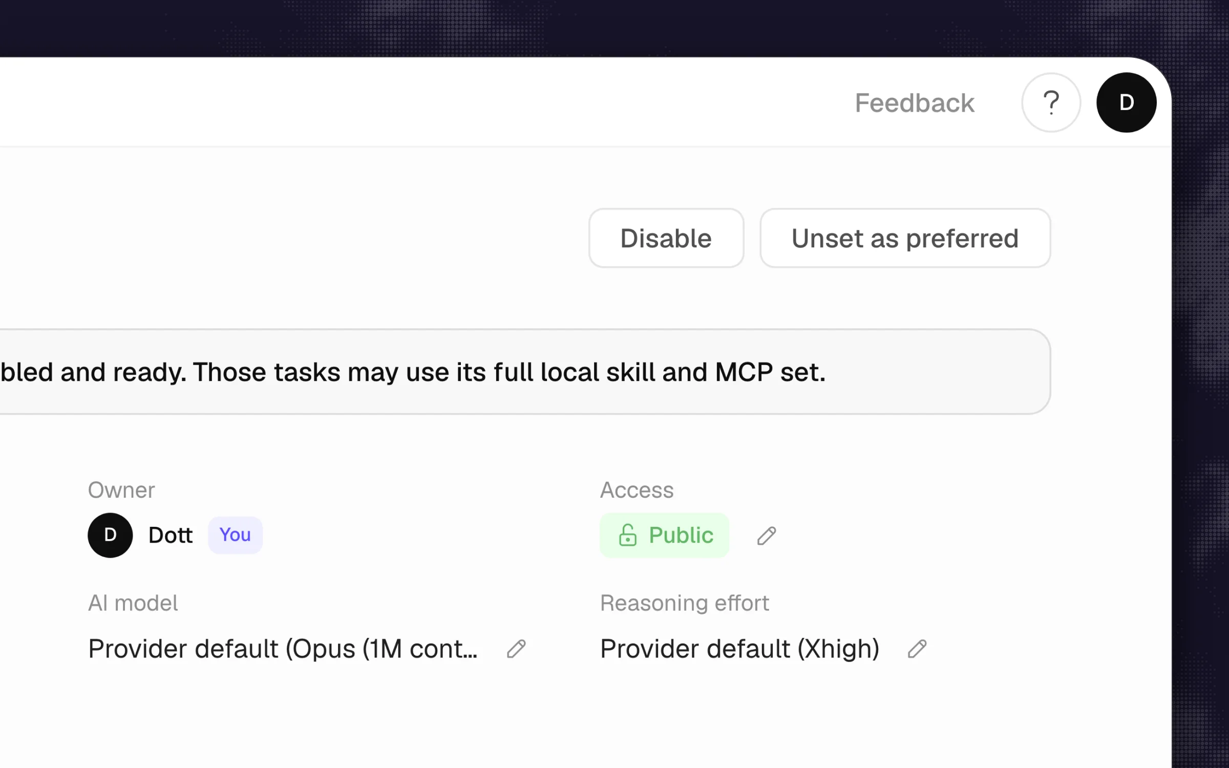 Merlin web app runtime detail page showing the owner Dott, Access set to Public with an edit pencil, and the note that shared tasks may use the runtime's full local skill and MCP set