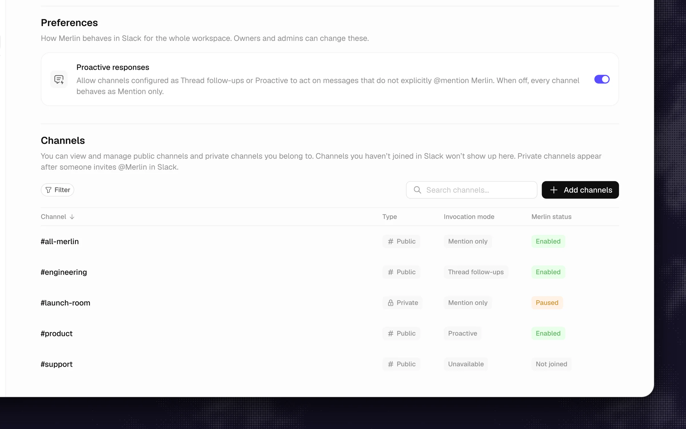 Merlin's Slack integration page: the Proactive responses switch and a channel table with a response mode per channel