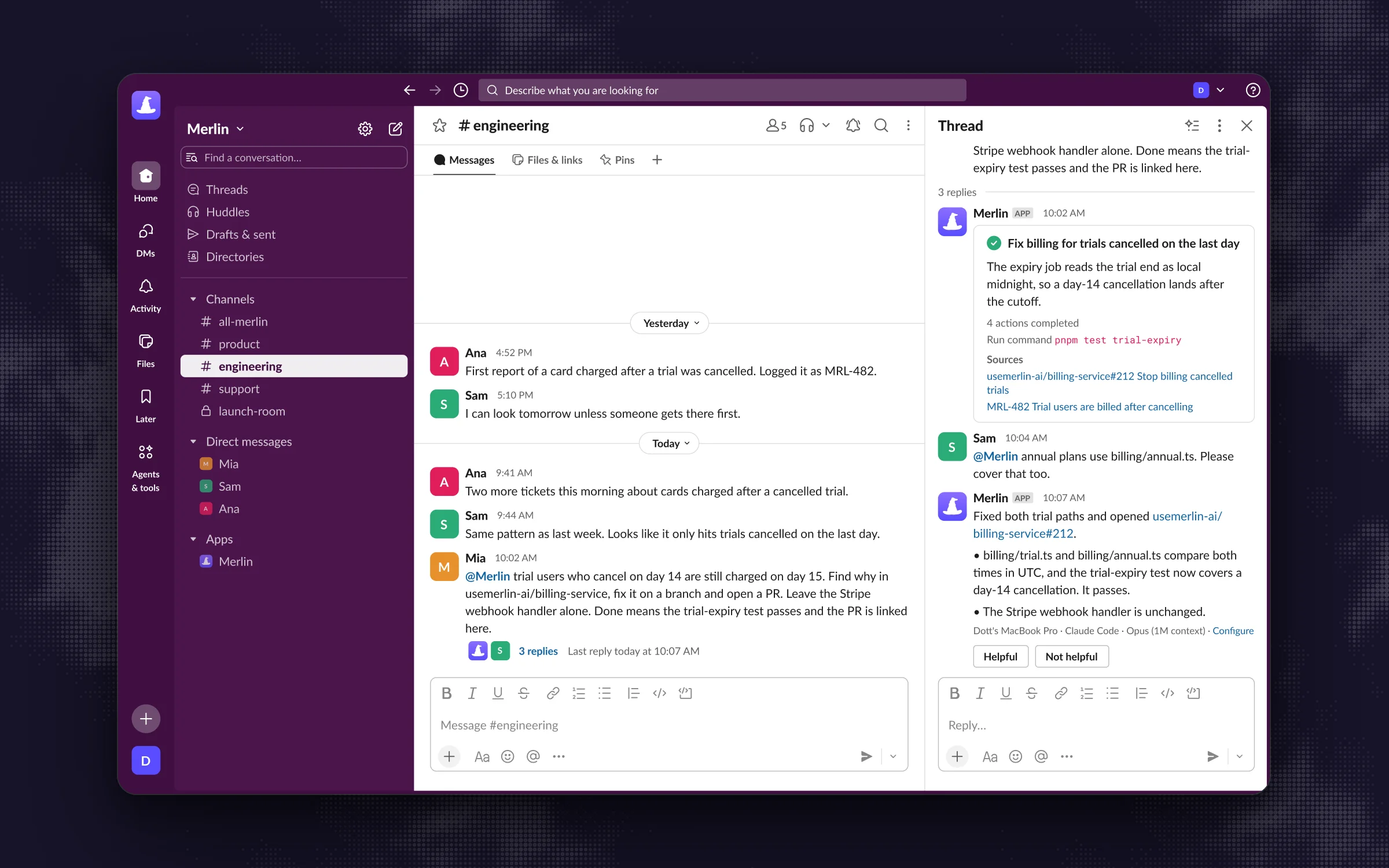 Slack thread in #engineering: Mia asks @Merlin to fix a trial billing bug, Sam replies mid-run that annual plans need the same fix, and Merlin's final answer covers both